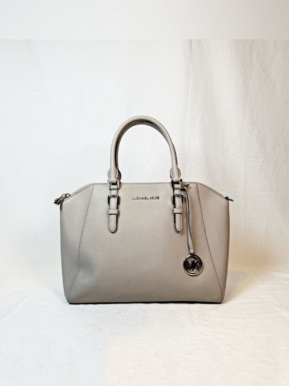 Michael Kors Ciara Large Top Zip Cement Color Saffiano Leather Satchel Handbag